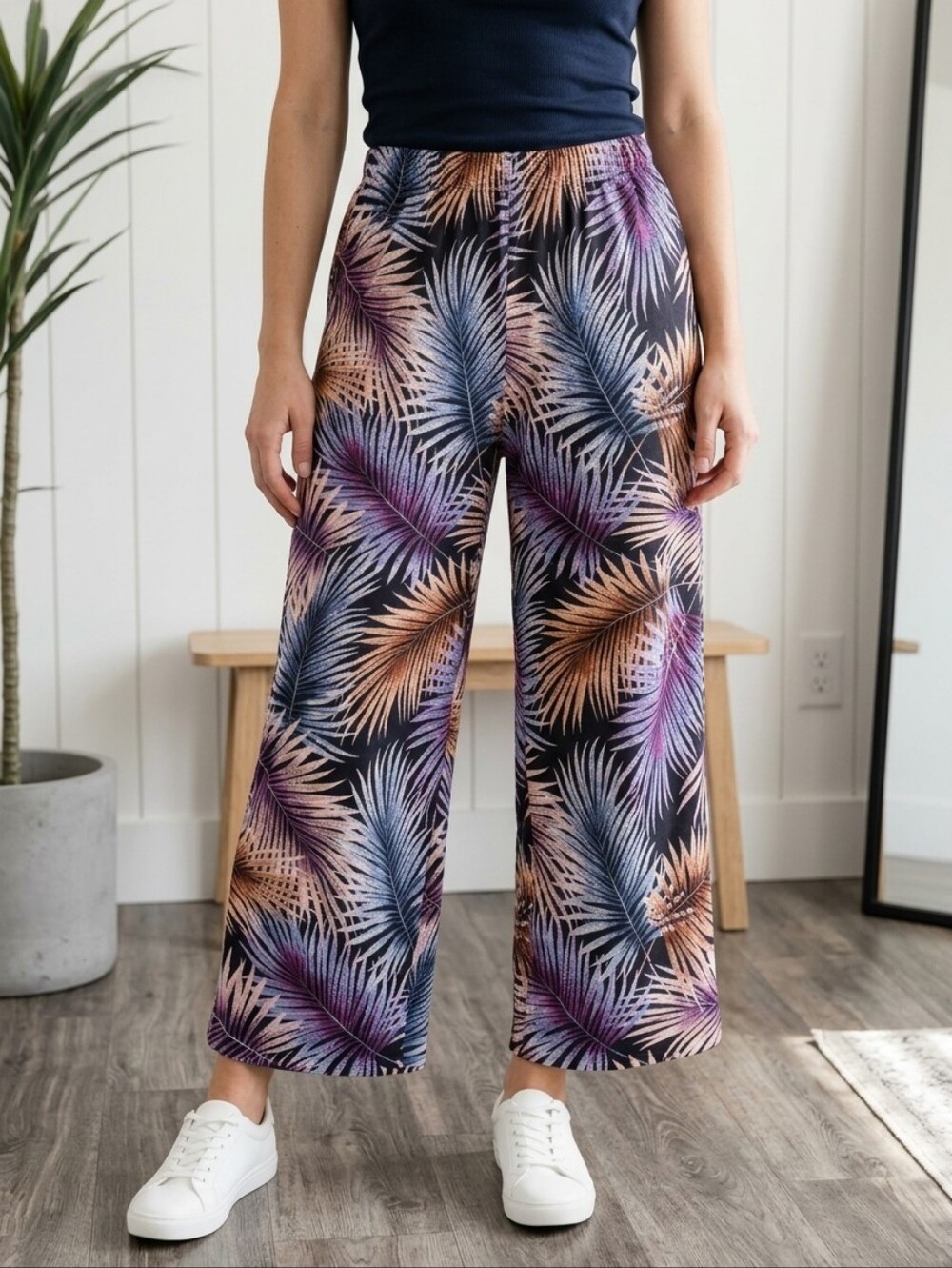 Royalty SZ XS Colorful Tropical Linen Blend Pull On Wide Leg Pants Drawstring